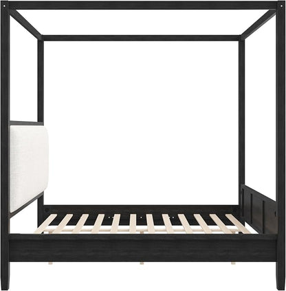 Merax King Size Canopy Bed with Upholstered Headboard, Wooden Platform Bed Frame with 4-Posters, Solid Wood Slat Support, No Box Spring Needed