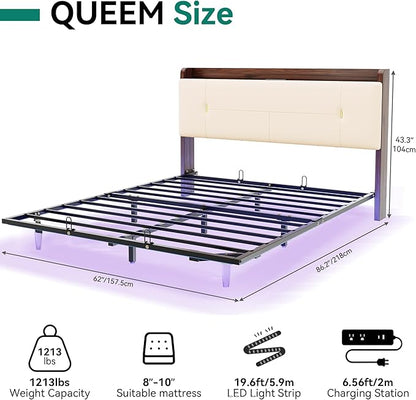 YITAHOME Queen Size Floating Bed Frame with Charging Station, PU Upholstered Platform Bed with 43.3'' Headboard, Hidden Storage, RGB LED Lights, No Box Spring Needed, Easy Assembly, Noise-Free, Beige