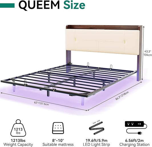 YITAHOME Queen Size Floating Bed Frame with Charging Station, PU Upholstered Platform Bed with 43.3'' Headboard, Hidden Storage, RGB LED Lights, No Box Spring Needed, Easy Assembly, Noise-Free, Beige