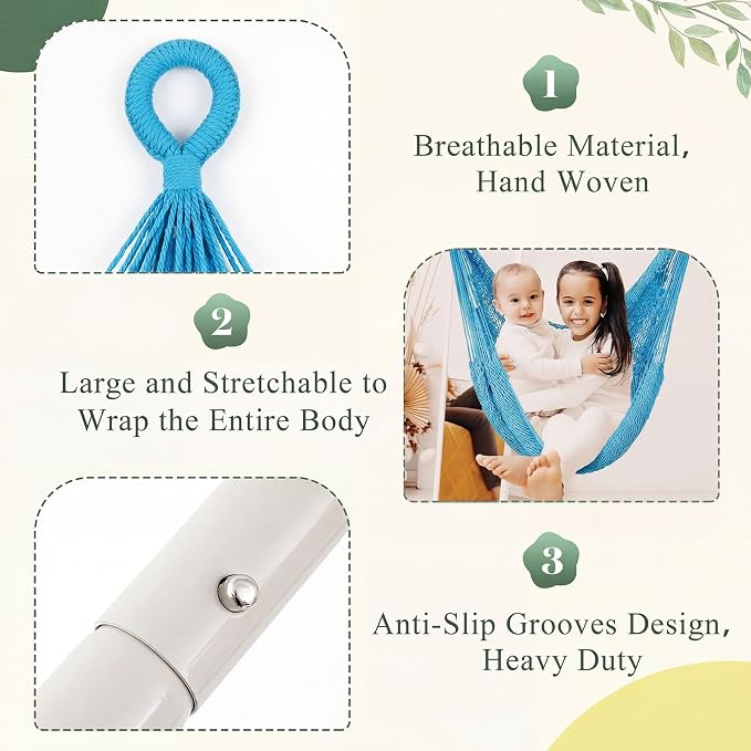Barydat 2 Pcs Hanging Hammock Chair Boho Swing Chair Outdoor Indoor Comfy Soft Cotton Rope Weaving with 40 Inch Detachable Metal Bars for Backyard Living Room Garden, 270lb Capacity (Blue)