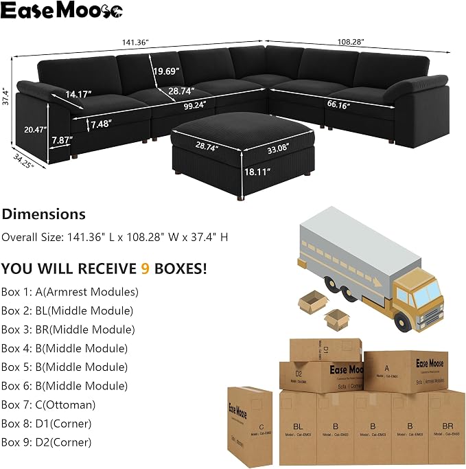 EASE MOOSE Oversized Sectional Modular Sofa,Large L Shape Sectional Couch Wide Deep Seat Modular Cloud Couch,Removable Cover