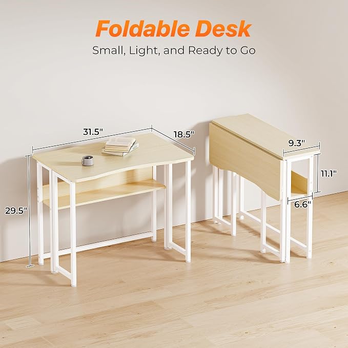 Huuger Folding Desk with Storage Shelf, 31.5 Inch Foldable Computer Table for Small Spaces, Space Saving Sofa Table for Couch, Writing Work Office Computer Desk, Easy to Fold, Oak