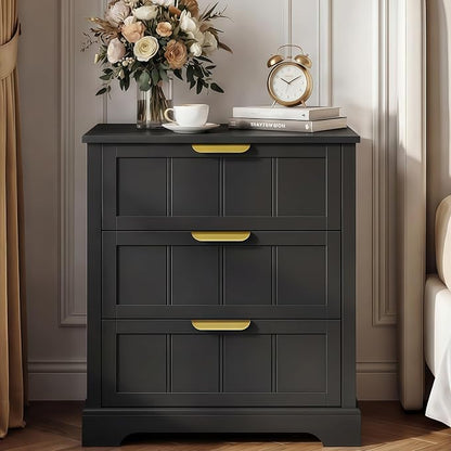 ChooChoo Black Nightstand with Charging Station, 3 Drawer Night Stand with USB-C Port, Larger Bedside Table with Storage, Modern End Table for Bedroom
