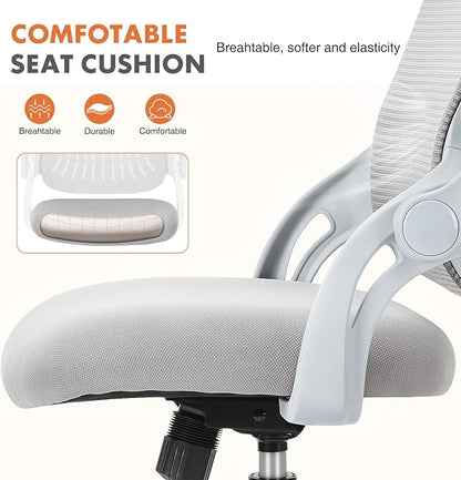 Sweetcrispy Home Office Managerial Executive Chair, Ergonomic Mesh Adjustable Swivel Mid-Back Chair with, Flip-up Arms, Comfortable Lumbar Support, Comfy Arms for Bedroom,Study,Student, Grey