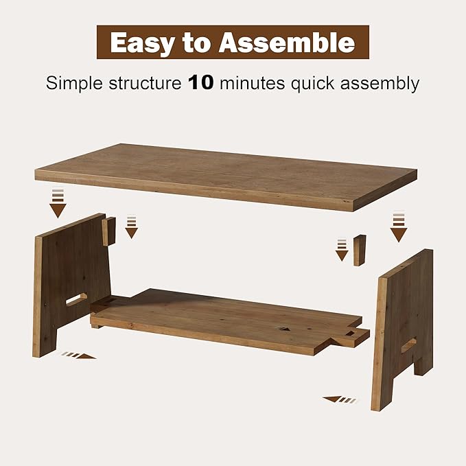 Farmhouse Wood Coffee Table - 43.4" Rectangle Coffee Table Solid Wood Tabletop, Center Tables with Storage Shelf for Living Room, Natural