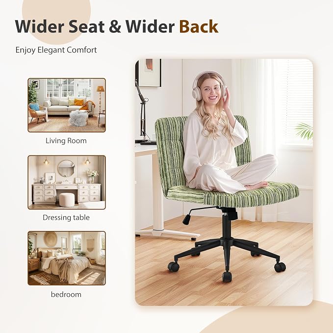 Furnimart 360° Swivel Criss Cross Desk Chair Extra-Thick Cushion, Premium Chenille Cross Legged Chair with Wide Seat & Wheels, Comfy Armless Home Office Chair for Bedroom, Vanity, Sturdy (Green)