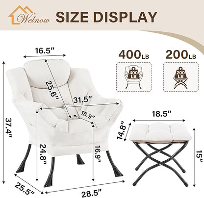 Welnow Lazy Chair with Ottoman, Modern Reading Accent Chair with Armrests and a Side Pocket, Leisure Upholstered Lazy Sofa Set with Footrest for Small Space, Beige