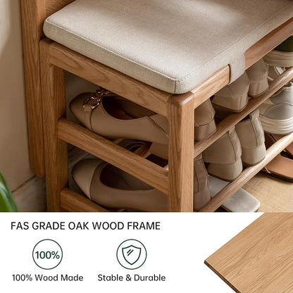 Oak Coat Rack, Solid Wood Hall Tree with Shoe Bench, 2-Tier Shoe Rack with 7 Hooks for Entryway, Hallway, 13.8" x 31.5" x 72.8", Natural