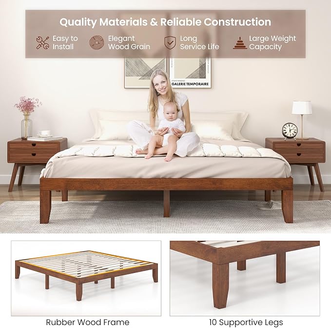 KOMFOTT 14 Inches Wood Platform Bed Frame King Size, Wooden Mattress Foundation with Rubber Wood Frame, Strong Wooden Slat Support, No Box Spring Needed, Bed Frame (Brown Cherry)