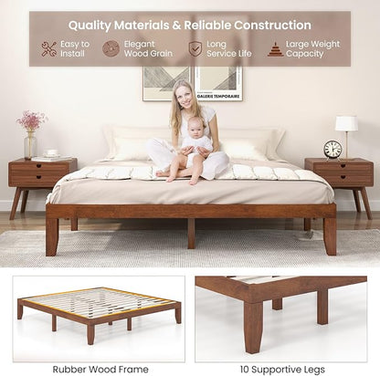 KOMFOTT 14 Inches Wood Platform Bed Frame King Size, Wooden Mattress Foundation with Rubber Wood Frame, Strong Wooden Slat Support, No Box Spring Needed, Bed Frame (Brown Cherry)