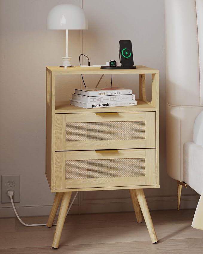 JOONEE Rattan Nightstand with Charging Station,Farmhouse Bedside Table with 2 Storage Drawer and Open Wood Shelf, for Bedroom and Small Spaces,Night Stand with Solid Wood Legs (Yellow Oak-Outlet)