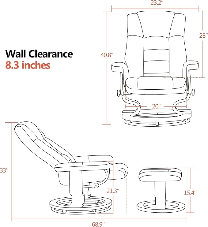 MCombo Manual Swivel Recliner with Ottoman, Chair Ottoman Set for RV Small Spaces, Living Room, Bedroom, Office 9019 4919 (Faux Leather, Saddle)