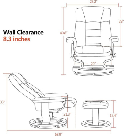 MCombo Manual Swivel Recliner with Ottoman, Chair Ottoman Set for RV Small Spaces, Living Room, Bedroom, Office 9019 4919 (Faux Leather, Saddle)