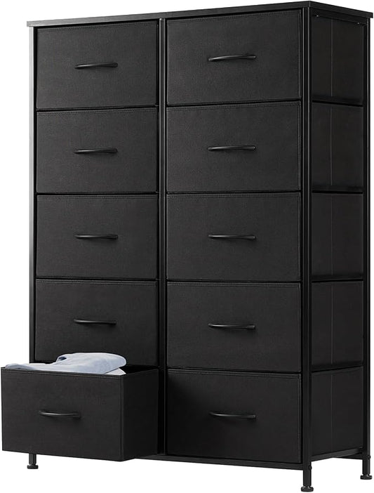 DUMOS 10 Drawer Dresser for Bedroom, Storage Organizer Chest of Drawers | Wide Fabric Closet Organizer Tower Furniture with Wooden Top Metal Frame, Dorm, Black