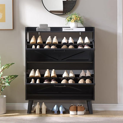 LEYAOYAO Shoe Cabinet Storage for Entryway with 2 Flip Drawers Rack Narrow Organizer Slim Hidden Wood Shoe Cabinet Furniture Black