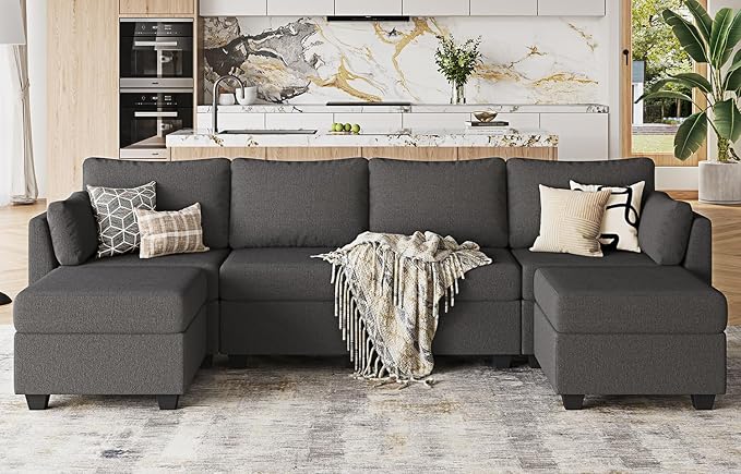 Huatean Home 114.17" Modular Sectional Sofa, 6 Seat Modular Couch with Storage, Memory Foam, Convertible Sectional Couches for Living Room, U Shaped Comfy Modular Sofa with Chaise, Dark Grey