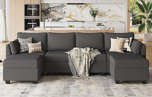 Huatean Home 114.17" Modular Sectional Sofa, 6 Seat Modular Couch with Storage, Memory Foam, Convertible Sectional Couches for Living Room, U Shaped Comfy Modular Sofa with Chaise, Dark Grey