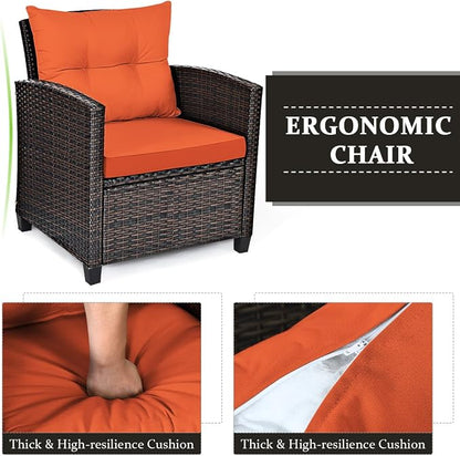 COSTWAY 3PCS Patio Furniture Set, PE Rattan Wicker Sofa w/Washable Cushion and Coffee Table, Tempered Glass Tabletop, Outdoor Conversation Set for Balcony, Porch, Yard, Backyard, Lawn (Orange)