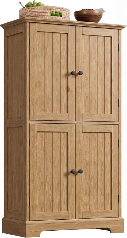 ChooChoo Bathroom Floor Cabinet, Modern Bathroom Storage Cabinet with 4 Doors and Adjustable Shelves, Freestanding Cupboard for Living Room, Natural