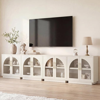 Fatmok Arched Glass Sideboard Buffet Accent Cabinet, 31.5" Display Credenza with Adjustable Shelf,4-Piece Modular Coffee Station Storage for Kitchen Living Room Bedroom, Beige(Not White)