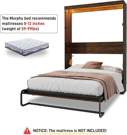Hlivelood Full Size Murphy Bed with 2 LED Lights, Farmhouse Wood Hidden Foldable Wall Bed Frame w/Gas Struts, Storage Bed Cabinet for Bedroom, Office, Space-Saving, No Box Spring Needed, Brown