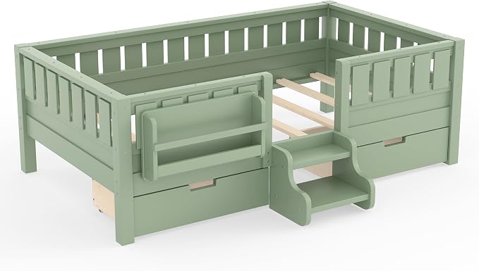 Bellemave Twin Bed with Storage Drawers & Bookshelf, Low Profile Kids Bed Frame with Staircase & Full Length Guardrails, Wood Twin Bed for Kids with Slats Load 350LBS, Easy Assembly, Green