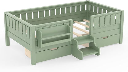 Bellemave Twin Bed with Storage Drawers & Bookshelf, Low Profile Kids Bed Frame with Staircase & Full Length Guardrails, Wood Twin Bed for Kids with Slats Load 350LBS, Easy Assembly, Green