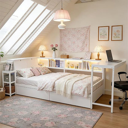 Bellemave Queen Corner Bed Frame with Storage Bookcase & 2 Drawers, Modern Metal Queen Daybed with LED Lights & Charging Station, Reversible Queen Size Corner Bed with Desk for Space-Saving, White
