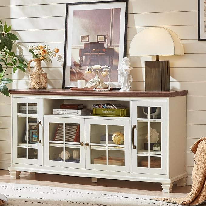 SAVOR LIFE Large Sideboard Buffet Cabinet with Storage,Vintage White Farmhouse 60" Wide Sideboard Cabinets with Glass Doors & Wood Legs,Kitchen Coffee Bar Credenza for Dining Room, Living Room