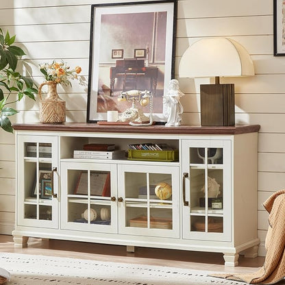 SAVOR LIFE Large Sideboard Buffet Cabinet with Storage,Vintage White Farmhouse 60" Wide Sideboard Cabinets with Glass Doors & Wood Legs,Kitchen Coffee Bar Credenza for Dining Room, Living Room