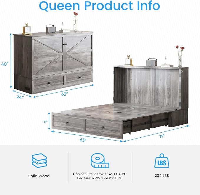 PUREMIND Queen Murphy Bed Cabinet with Storage Drawers, Bedroom Cabinet Beds with USB Charging Station, Murphy Chest Bed with Storage Drawers, Horizontal Wallbed for Guest Room, No Mattress