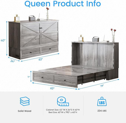 PUREMIND Queen Murphy Bed Cabinet with Storage Drawers, Bedroom Cabinet Beds with USB Charging Station, Murphy Chest Bed with Storage Drawers, Horizontal Wallbed for Guest Room, No Mattress