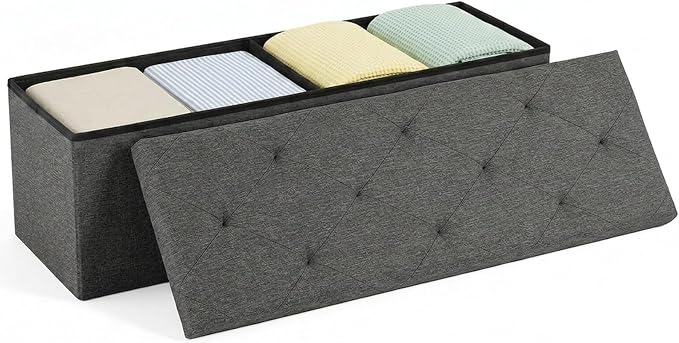 DUMOS 43 Inch Folding Storage Ottoman Bench, Spacious Hidden Organizer with Foam Cushioned Top, End of Bed Foot Rest Stool for Bedroom Living Room Entryway, Supports Up to 660 LBS, Linen Fabric, Gray