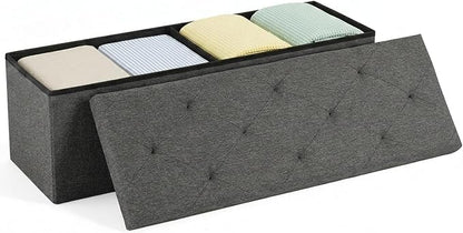 DUMOS 43 Inch Folding Storage Ottoman Bench, Spacious Hidden Organizer with Foam Cushioned Top, End of Bed Foot Rest Stool for Bedroom Living Room Entryway, Supports Up to 660 LBS, Linen Fabric, Gray