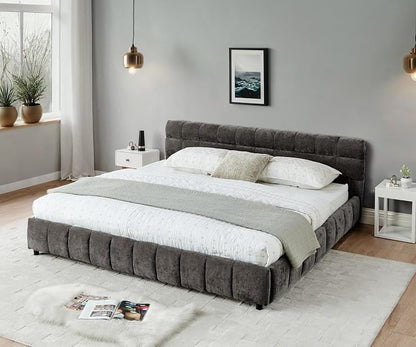 KEIKI King Thick Chenille Bed Frame with 4 Storage Drawer & Upholstered Tufted Headboard, Modern Solid Wood Floor Platform for Bedroom, No Box Spring Needed