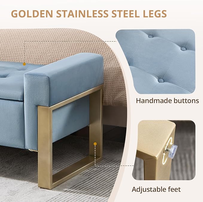 67'' End of Bed Storage Bench, Storage Ottoman Bench for Bedroom King Size, Modern Velvet Bed Benches for Foot of Beds with Gold Legs for Window Living Room Entryway, Light Blue