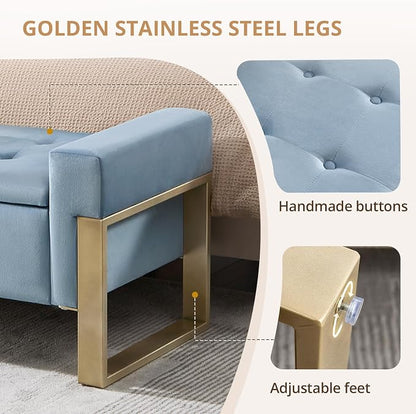 67'' End of Bed Storage Bench, Storage Ottoman Bench for Bedroom King Size, Modern Velvet Bed Benches for Foot of Beds with Gold Legs for Window Living Room Entryway, Light Blue