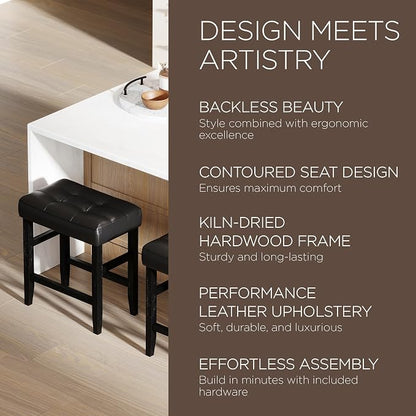 Carte: A La Carte Home Harper 26 Inch Tall Counter Height Backless Stool in Rustic Black Finish, Distressed Black Vegan Leather Upholstered Seat, Set of 2