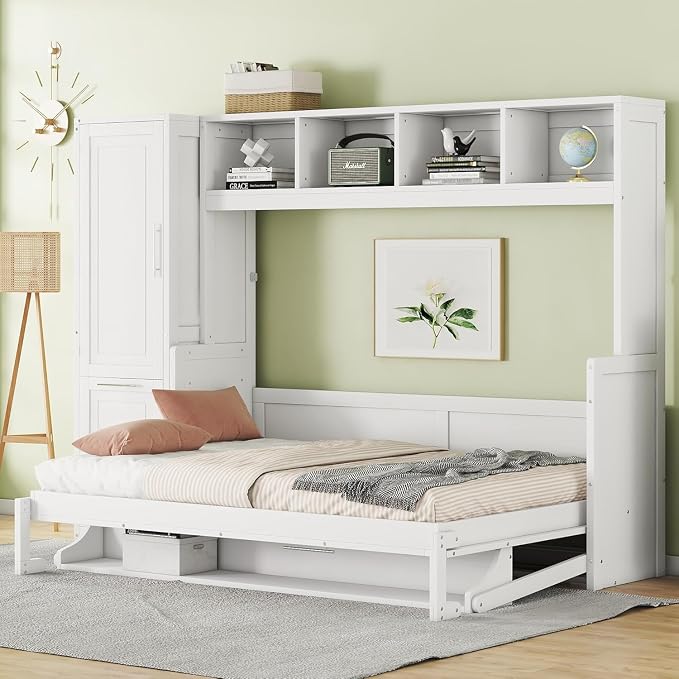 Virubi Full Horizontal Murphy Bed with Wardrobe Closet,2 Drawer,4 Storage Open Shelves,Wood Folding Murphy Wall Bed Cabinet, Slat Suuport (White,Full)