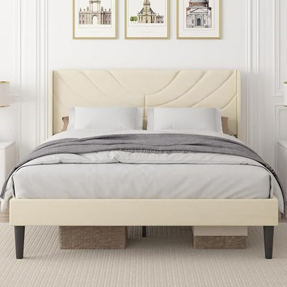 VECELO Upholstered Platform Full Bed Frame with Fabric Headboard,Wooden Slats Support/No Box Spring Needed/Mattress Foundation,Beige