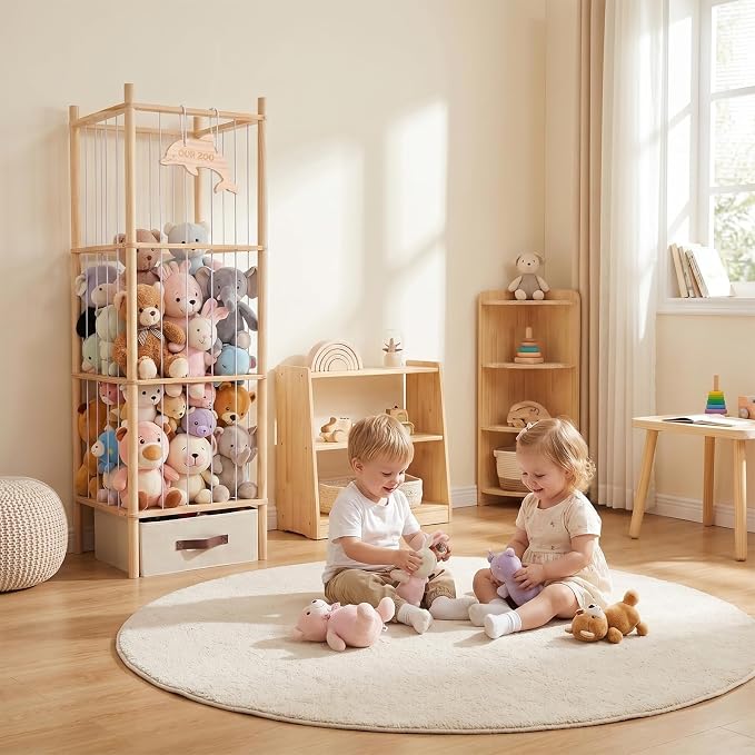 Stuffed Animal Storage Tower, 4-Tier Wooden Stuffed Animal Organizer Holder, Plushies Storage with Two Wooden Cute Zoo Signs for Nursery Playroom Bedroom