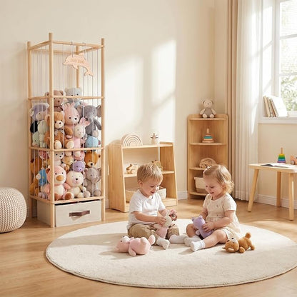 Stuffed Animal Storage Tower, 4-Tier Wooden Stuffed Animal Organizer Holder, Plushies Storage with Two Wooden Cute Zoo Signs for Nursery Playroom Bedroom