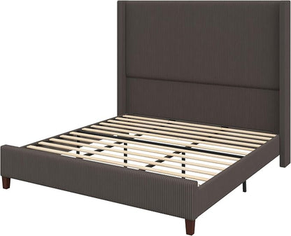 AMERLIFE King Size 62" Corduroy Upholstered Bed Frame, Luxurious Platform Bed with Extra Tall Wingback Headboard and Vertical Stripe, No Box Spring Needed/Solid Wood Slats & Legs/Chestnut