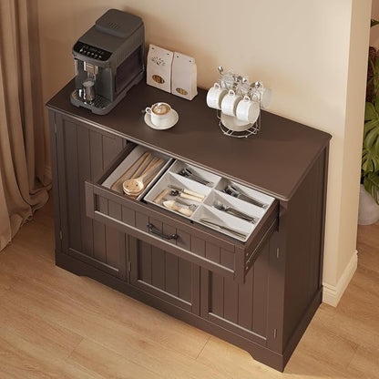 Gizoon Kitchen Coffee Bar Cabinet with Storage Kitchen Sideboard Buffet Cabinet with Drawers, Short Pantry with Door and Shelves for Bathroom and Living Room, Dark Brown, Painted