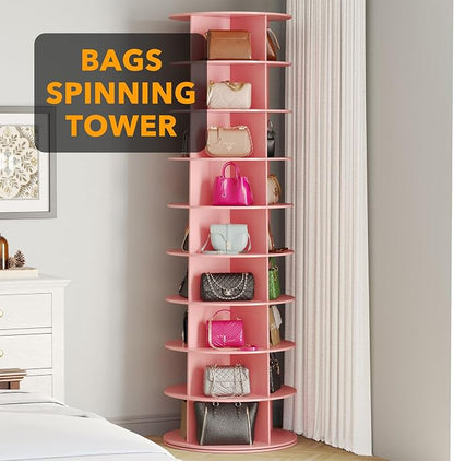 SpaceAid 9 Tier Rotating Shoe Rack Tower, Spinning Shoe Display Lazy Susan, Revolving 360 Shoe Rack Storage Round Carousel, Vertical Handbag Rotate Shoes Closet Organization (9-Tier Pink)