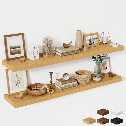 Fun Memories 55 Inch Fireplace Mantel Shelf, 10 Inch Deep Shelves for Display & Wall Storage, Rustic Wood Wall Shelf, Extra Long Floating Shelves for Living Room Laundry Room, Oak, Set of 2