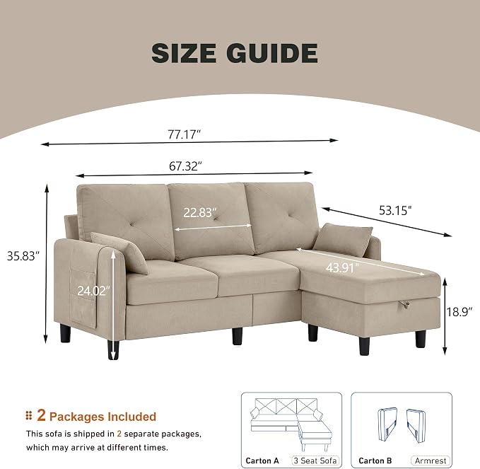 Convertible L-Shaped Sectional Sofa, 3-Seat Sofa Couches with Storage Ottoman & 2 Pillows and Side Storage Pockage, Small Modern Couch for Living Room, Apartment and Office, Beige