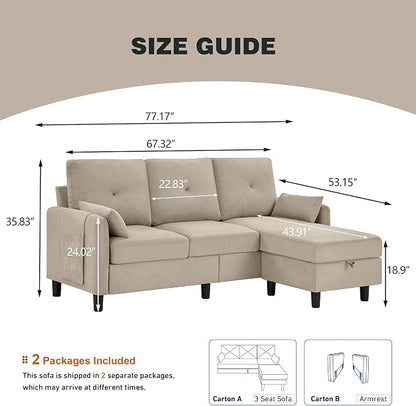 Convertible L-Shaped Sectional Sofa, 3-Seat Sofa Couches with Storage Ottoman & 2 Pillows and Side Storage Pockage, Small Modern Couch for Living Room, Apartment and Office, Beige