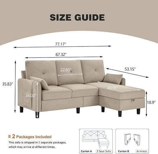 Convertible L-Shaped Sectional Sofa, 3-Seat Sofa Couches with Storage Ottoman & 2 Pillows and Side Storage Pockage, Small Modern Couch for Living Room, Apartment and Office, Beige