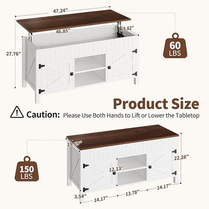 47.3“ Lift Top Coffee Table with Storage - White Coffee Tables for Living Room, Farmhouse Wood Center Table, Large Rectangle Middle Tables with Hidden Compartment & Adjustable Shelf
